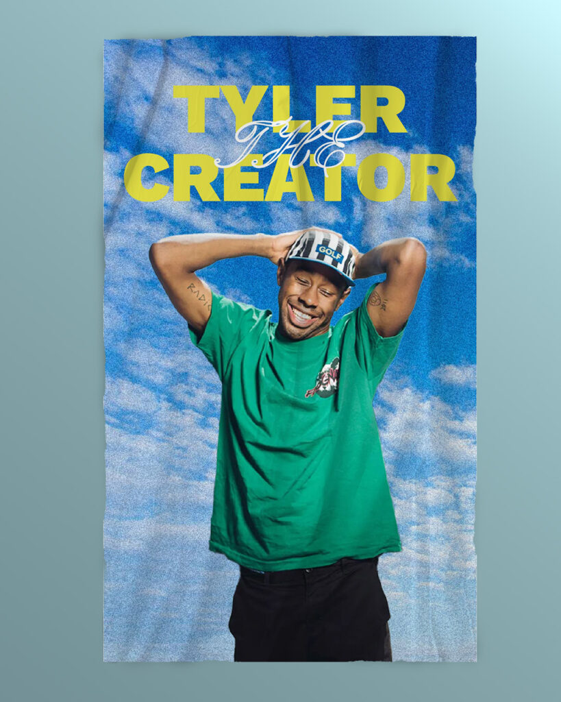 Poster du rapper tyler the creator avec un t-shirt vert sur un fond de ciel bleu avec des nuages, titre "TYLER THE CREATOR" en jeu typographique